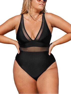 Cupshe 3X Mesh Sheer Tummy Control One Piece Swimsuit Black NWT